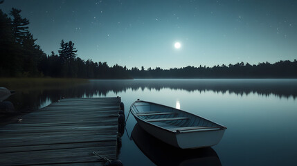 Obraz premium A rowboat tied to a wooden dock gently swaying in the moonlit waters of a quiet lake surrounded by whispering pines.