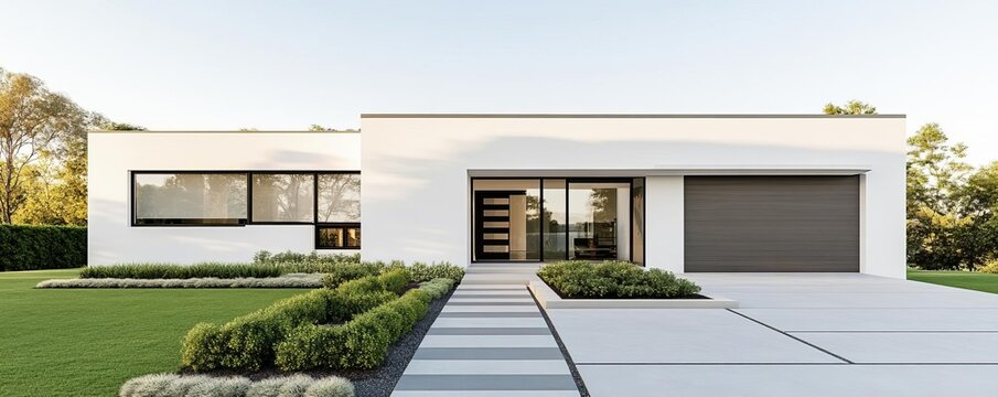 Modern suburban house featuring a flat roof, clean lines, and minimalist landscaping