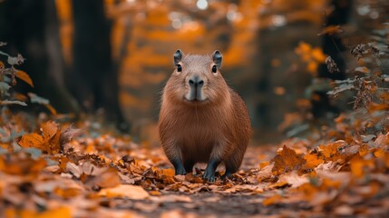 Capybara in a Colorful Autumn Forest Path