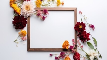 Mockup of picture frame decorated with spring flowers clean space for text on white background