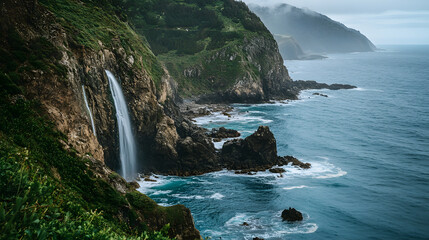A rugged island coastline with sea cliffs and cascading waterfalls plunging into the ocean.