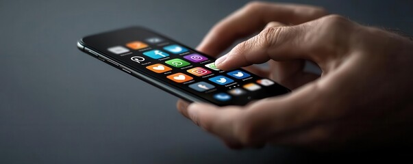 Close-up of hands typing on a smartphone with various social media apps open, symbolizing real-time engagement across platforms Real-time engagement, Social media apps