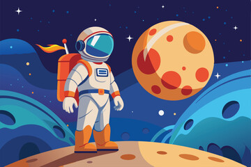 Fototapeta premium An astronaut stands on the lunar surface, looking at a nearby planet in the night sky, Astronaut on the moon