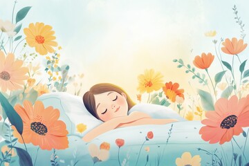 Charming illustration featuring a young girl peacefully sleeping among vibrant flowers. Perfect for a get well soon card, this artwork exudes warmth and tranquility.