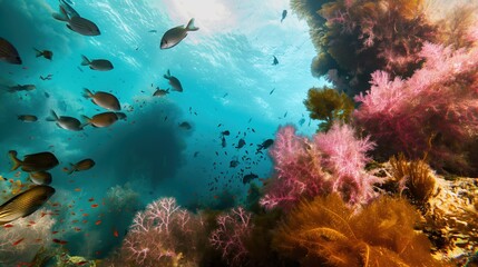 Naklejka premium Diving. Underwater world. Coral reef and fish in the sea. Ocean coral reef underwater. Marine world underwater background. Colorful tropical fish. Ecosystem. Underwater world coral fish landscape