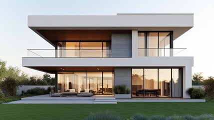 Obraz premium Modern suburban house with a cantilevered balcony, clean lines, and floor-to-ceiling windows