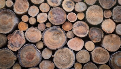 Neatly Stacked Cut Timber Logs with Visible Tree Rings and Textures, Showcasing Natural Wooden Cross Sections in a Variety of Sizes and Patterns in a Rustic, Earthy Toned Arrangement