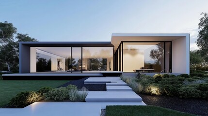 Modern suburban house with a contemporary, asymmetrical design, and a minimalist garden