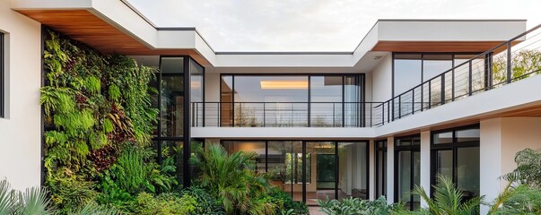 Fototapeta premium Modern suburban house with a lush vertical garden, steel railings, and glass windows