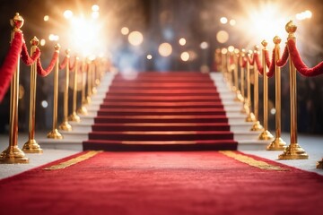 Red carpet stairs at exclusive gala entrance: a symbol of success and celebrity prestige, blurred light background