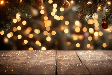 Glittering Christmas holiday background with empty wooden table in front with generative ai