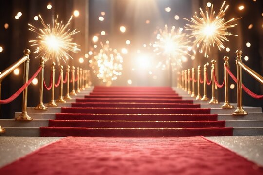 Red carpet on the stage with colorful fireworks lighting up the night sky during a vibrant celebration for New Year's Eve party
