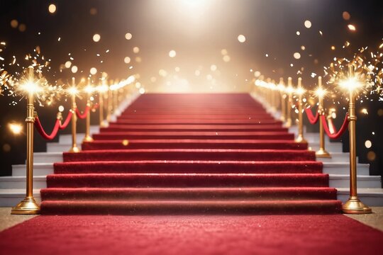Red carpet on the stage with colorful fireworks lighting up the night sky during a vibrant celebration for New Year's Eve party