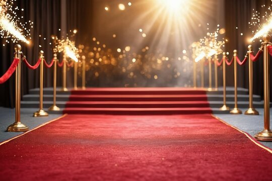 Red carpet on the stage with colorful fireworks lighting up the night sky during a vibrant celebration for New Year's Eve party