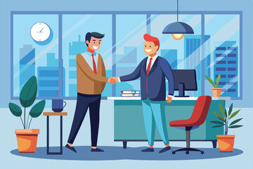 A bank manager and a client are shaking hands in a stylish office space, Bank manager and man shaking hands in office Vector