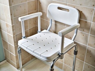 Ergonomic design meets accessibility with a shower chair featuring grab bars and textured surface for safe bathing.