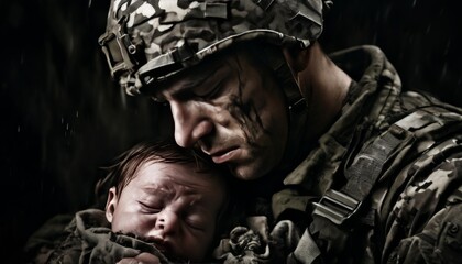 A touching moment where a soldier in full combat gear cradles a newborn baby, offering a strong contrast between war and innocence. The scene evokes themes of protection, vulnerability, and humanity
