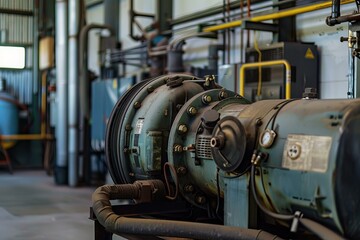 Large industrial air compressor operating inside a busy factory