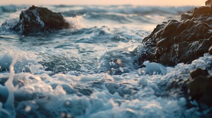 Close Up of Ocean Waves Crashing Against Rocks at Sunset