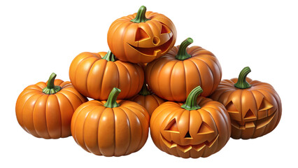 A bunch, pile of funny carved orange pumpkins in one place. White isolated background. Halloween concept.