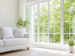Modern, furnished and sunny living room with big windows and potted flowers 