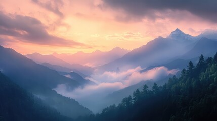 Fototapeta premium A serene view of a misty mountain range at sunrise, with soft light filtering through the clouds and reflecting off the distant peaks.