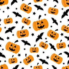 Vector seamless Halloween pattern with orange pumpkin and black bat