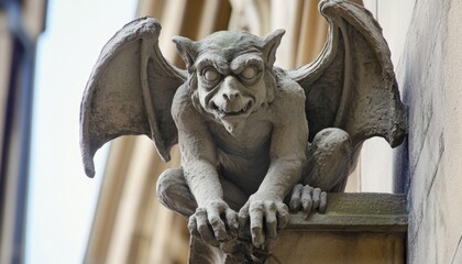 An intricate stone gargoyle featuring detailed wings on a historic and majestic cathedral