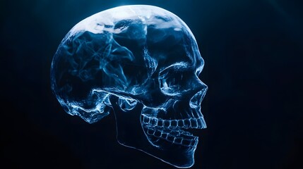 A translucent blue skull rendered against a dark background, with subtle smoke-like patterns.