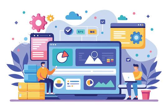 Two developers collaborate in a vibrant workspace, utilizing digital tools for app development solutions and creativity, Best solutions for App Development, Horizontal Web Landing Page