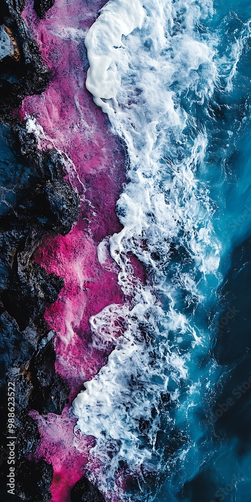 Poster Aerial View of Ocean Waves Crashing on Pink Sand