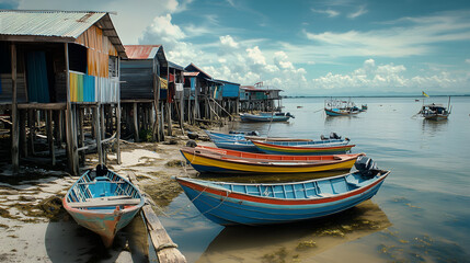 Fototapeta premium A small fishing island with colorful boats docked along the shoreline and wooden houses on stilts.
