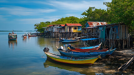 Obraz premium A small fishing island with colorful boats docked along the shoreline and wooden houses on stilts.