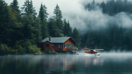 A small floatplane landing on a serene lake with mist rolling off the water and a small cabin on the island shore.