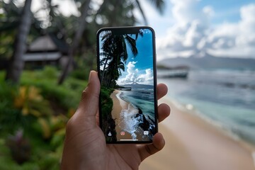 Hand Holding Smartphone with Tropical Beach Scene
