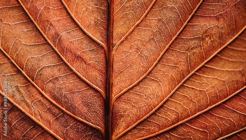 Poster close-up of a dried autumn leaf veins in intricate detail. macro nature texture of golden-brown leaf