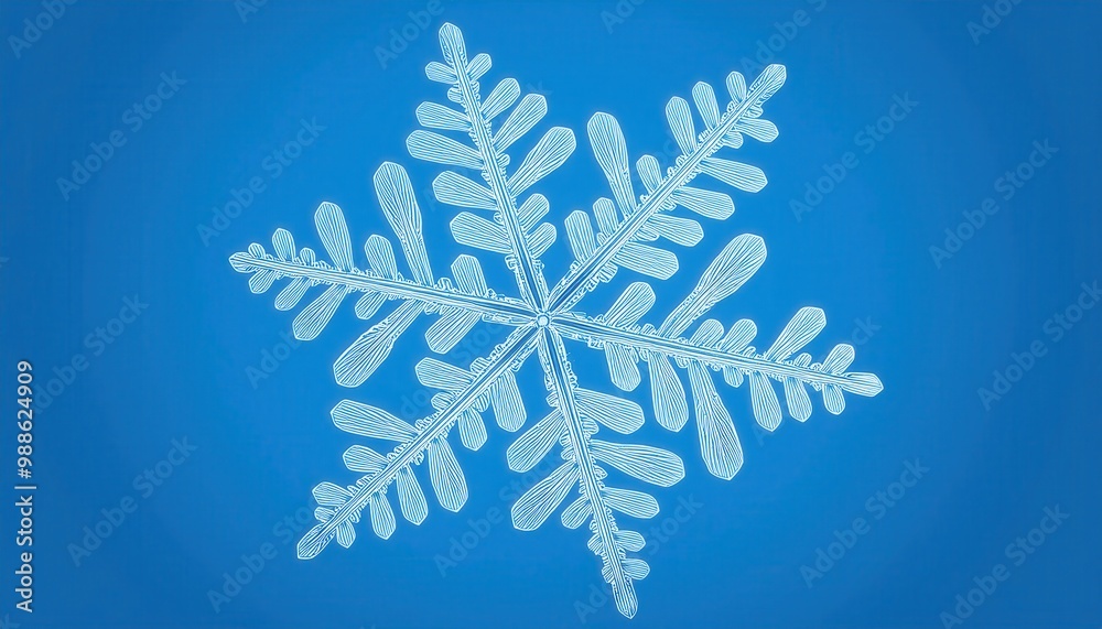Poster Macro Photograph of a Detailed Hexagonal Snowflake with Intricate Branching Patterns Against a Soft Blue Winter Sky Background, Capturing the Fragility and Uniqueness of Natural Ice Crystals