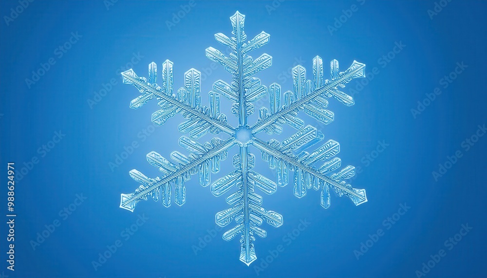 Poster Macro Photograph of a Detailed Hexagonal Snowflake with Intricate Branching Patterns Against a Soft Blue Winter Sky Background, Capturing the Fragility and Uniqueness of Natural Ice Crystals