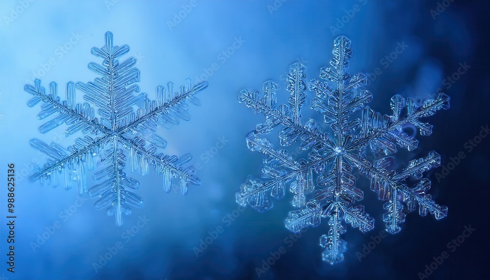 Poster Macro Photograph of a Detailed Hexagonal Snowflake with Intricate Branching Patterns Against a Soft Blue Winter Sky Background, Capturing the Fragility and Uniqueness of Natural Ice Crystals