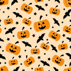 Vector seamless Halloween pattern with orange pumpkin and black bat