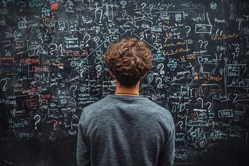 business man looking for solution, understanding and clarity about complex problem, brainstorm 