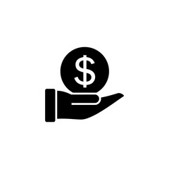 Hand with money and big coin with dollar symbol. Vector silhouette and icon.