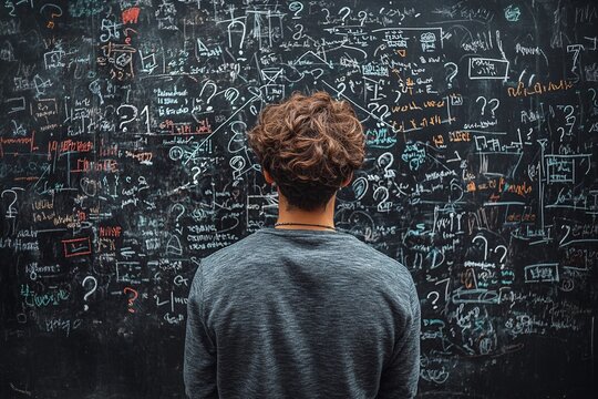 business man looking for solution, understanding and clarity about complex problem, brainstorm
