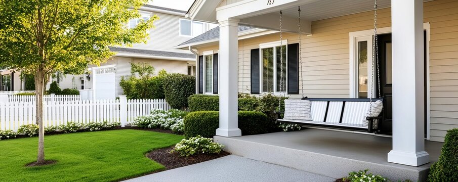 Suburban house with a charming front porch swing, classic columns, and a white picket fence
