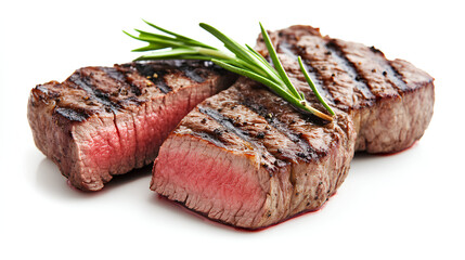 Grilled beef steak with rosemary isolated on white background