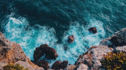 Obraz premium A breathtaking coastal view from the edge of a cliff, where turquoise waves crash against jagged rocks far below.