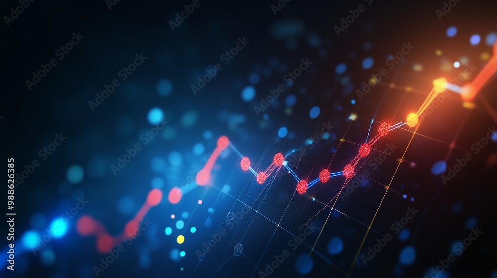 Poster colorful data visualization showing an upward trend in metrics on a dark background with glowing dot