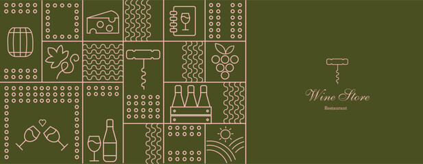 Wine pattern with  wine glasses, wine bottles, cheese, corkscrew, cork and abstract design elements in simple geometric style. Good for branding, decoration of wine package, cover design, menu.