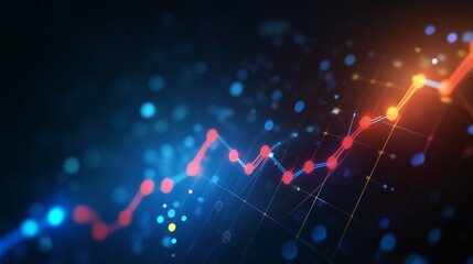 Obraz premium Colorful data visualization showing an upward trend in metrics on a dark background with glowing dots enhancing the effect