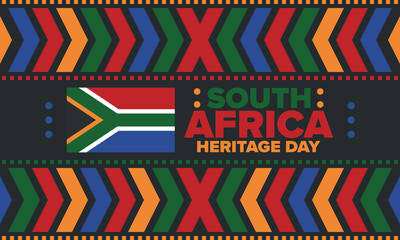 Obraz premium South Africa Heritage Day. Happy holiday. Celebrate culture and traditions of nation. South African flag. Poster with illustration. Pattern design. Vector